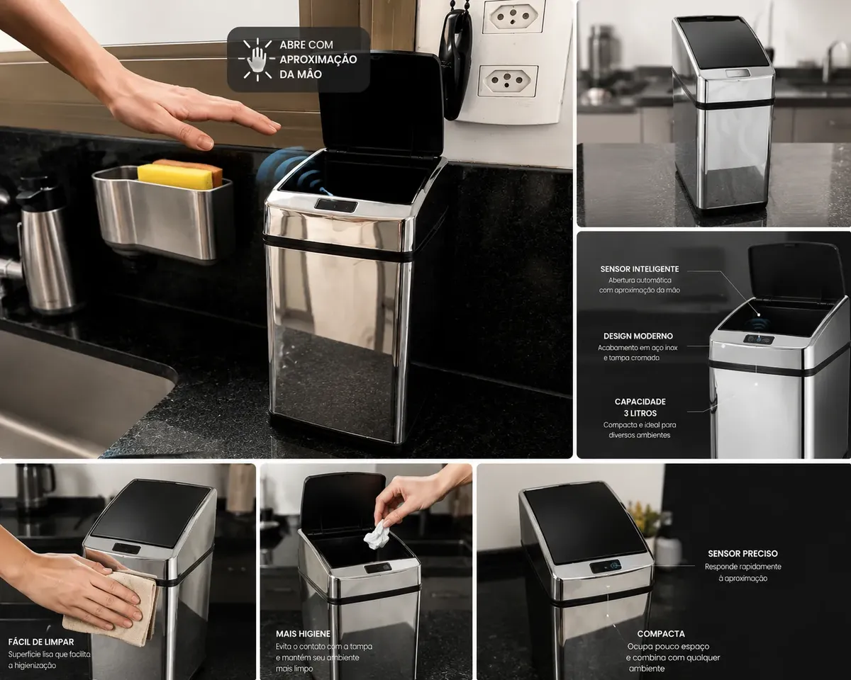 Lixeira Quadrada Automática Inox Com Sensor 3 Litros Kazalinda 6 Lixeira Quadrada Automática Inox Com Sensor 3 Litros Kazalinda
