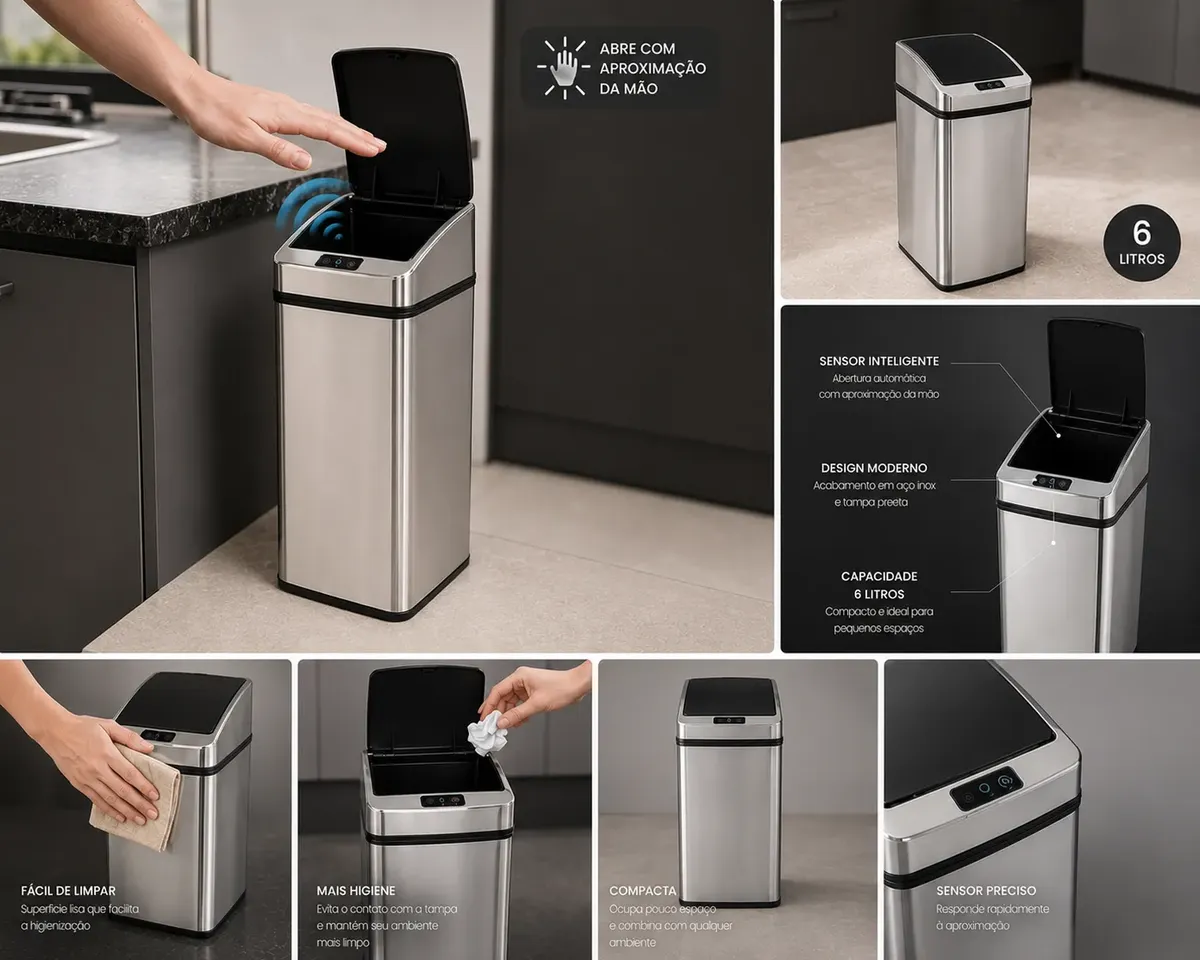 Lixeira Quadrada Automática Inox com Sensor 6 Litros Kazalinda 4 Lixeira Quadrada Automática Inox Com Sensor 6 Litros Kazalinda