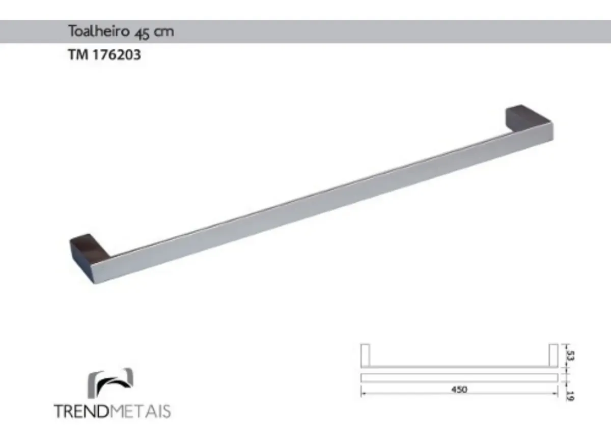 Toalheiro Latão Banheiro 45cm Slim Trend Metais 4 Toalheiro Slim 45cm TrendMetais TM176203 cromado polido em liga de cobre para banheiro e lavabo