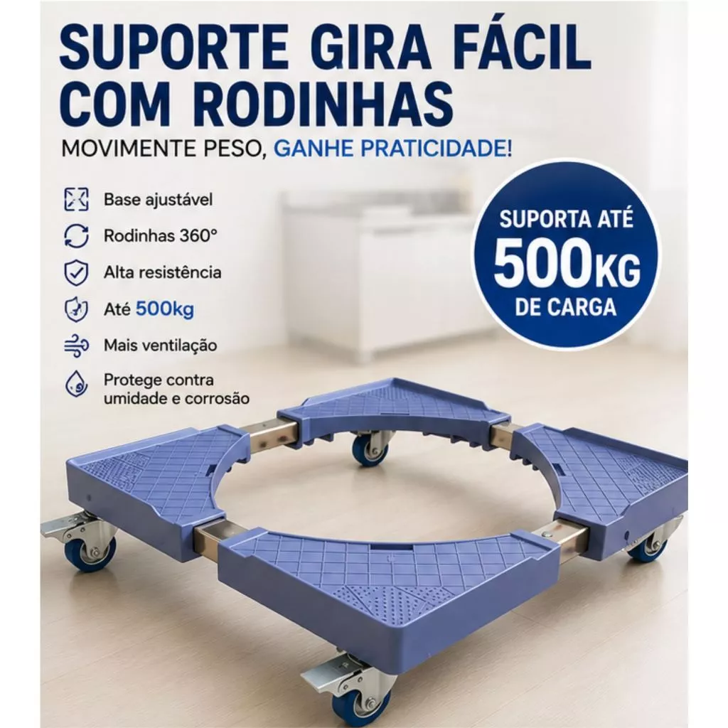 Suporte Giratório Azul para Eletrodomésticos Gira Fácil Kazalinda com capacidade de 500kg, estrutura em aço inox e rodízios universais de borracha com trava Suporte Giratório Azul para Eletrodomésticos Gira Fácil Kazalinda com capacidade de 500kg, estrutura em aço inox e rodízios universais de borracha com trava