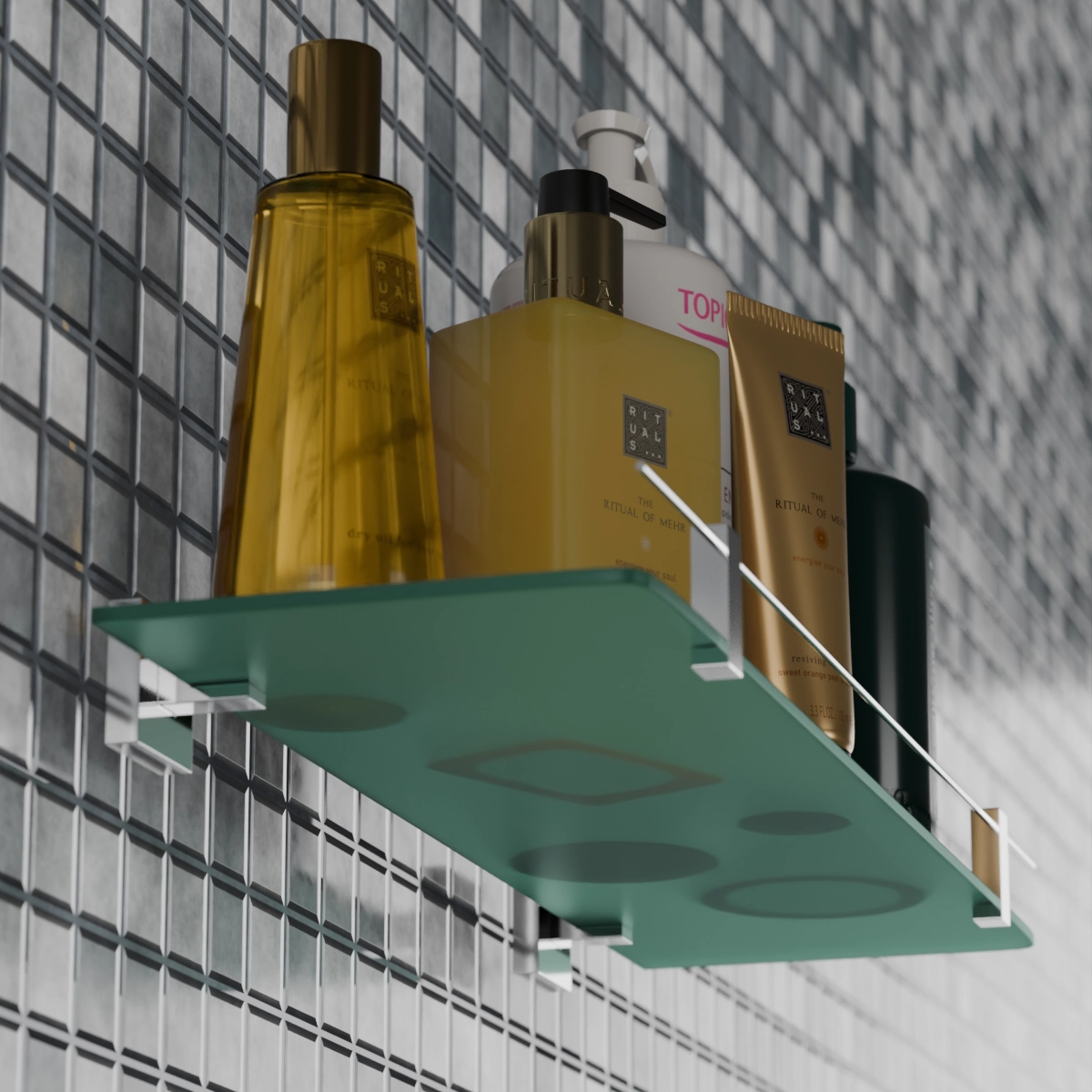 Porta Shampoo em Vidro com Acabamento Quadrado em Latão - Kazalinda 1 Porta Shampoo em Vidro com Acabamento Quadrado em Latão - Kazalinda