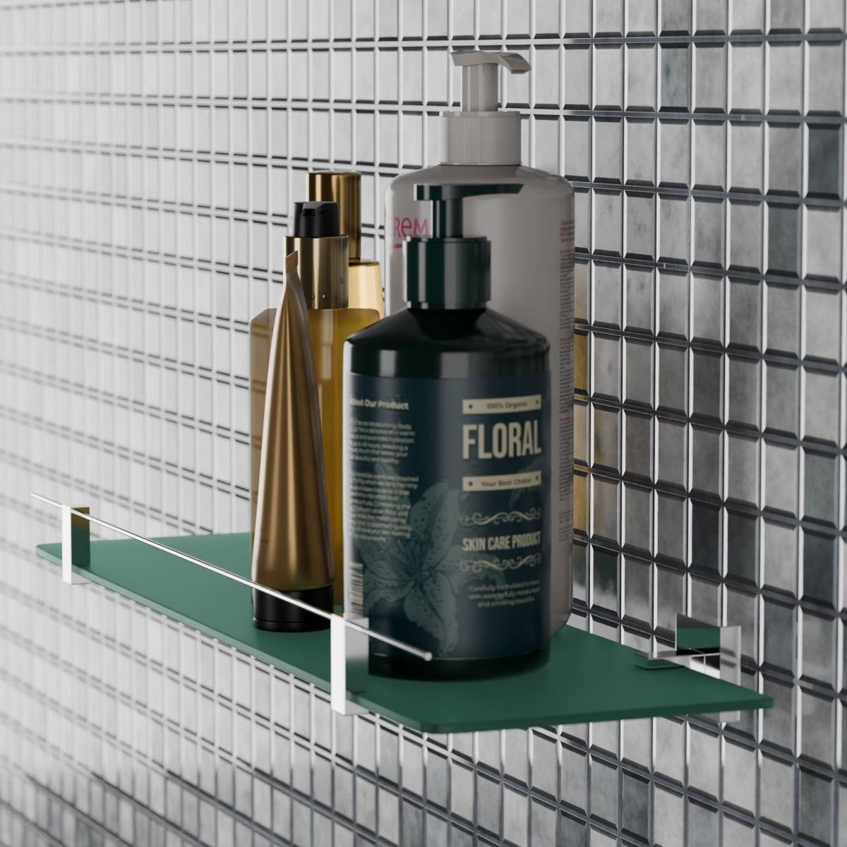 Porta Shampoo em Vidro com Acabamento Quadrado em Latão - Kazalinda 2 Porta Shampoo em Vidro com Acabamento Quadrado em Latão - Kazalinda