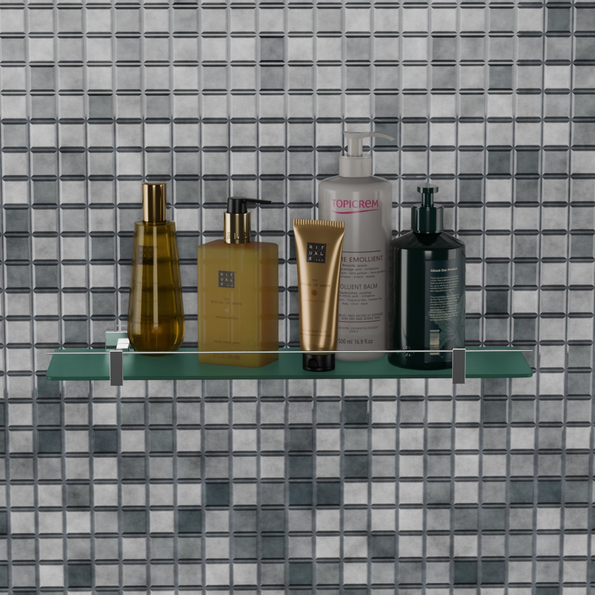 Porta Shampoo em Vidro com Acabamento Quadrado em Latão - Kazalinda 3 Porta Shampoo em Vidro com Acabamento Quadrado em Latão - Kazalinda