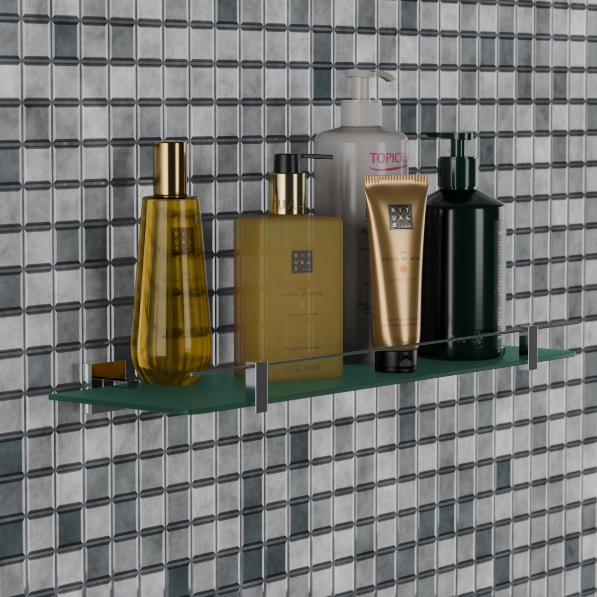 Porta Shampoo em Vidro com Acabamento Quadrado em Latão - Kazalinda 4 Porta Shampoo em Vidro com Acabamento Quadrado em Latão - Kazalinda