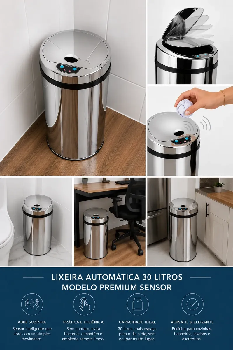 Lixeira Automática Premium Redonda Inox 30 Litros Kazalinda 3 Lixeira Automática Premium Redonda Inox 30 Litros Kazalinda