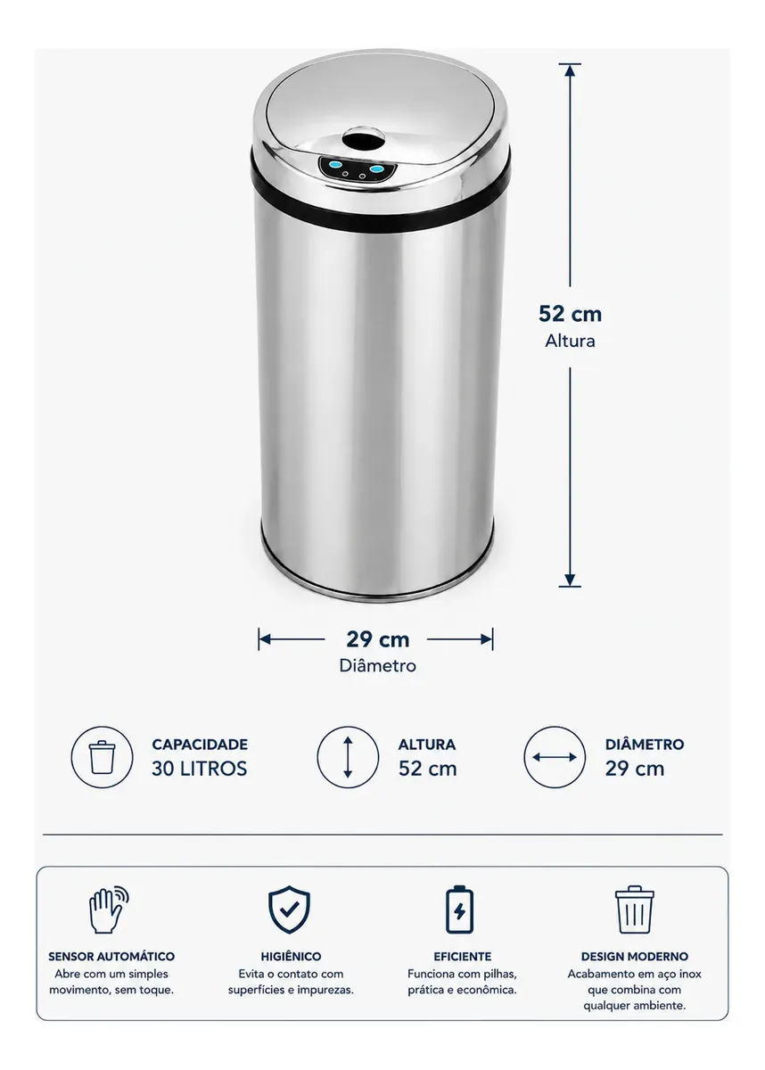 Lixeira Automática Premium Redonda Inox 30 Litros Kazalinda 4 Lixeira Automática Premium Redonda Inox 30 Litros Kazalinda