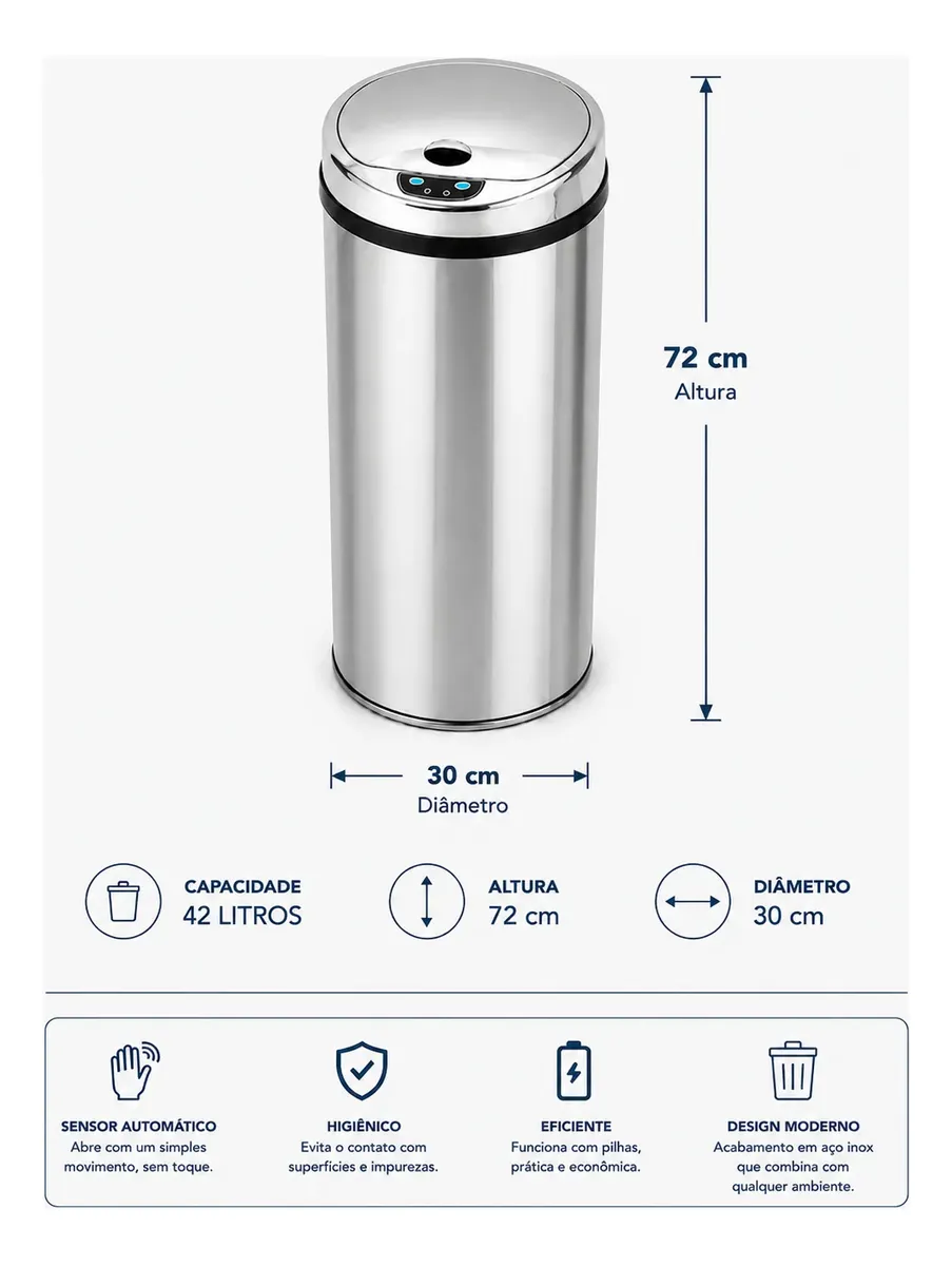 Lixeira Automática Premium Redonda Inox 42 Litros Kazalinda 3 Lixeira Automática Premium Redonda Inox 42 Litros Kazalinda