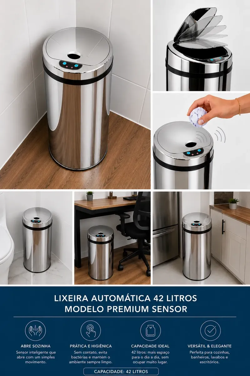 Lixeira Automática Premium Redonda Inox 42 Litros Kazalinda 4 Lixeira Automática Premium Redonda Inox 42 Litros Kazalinda