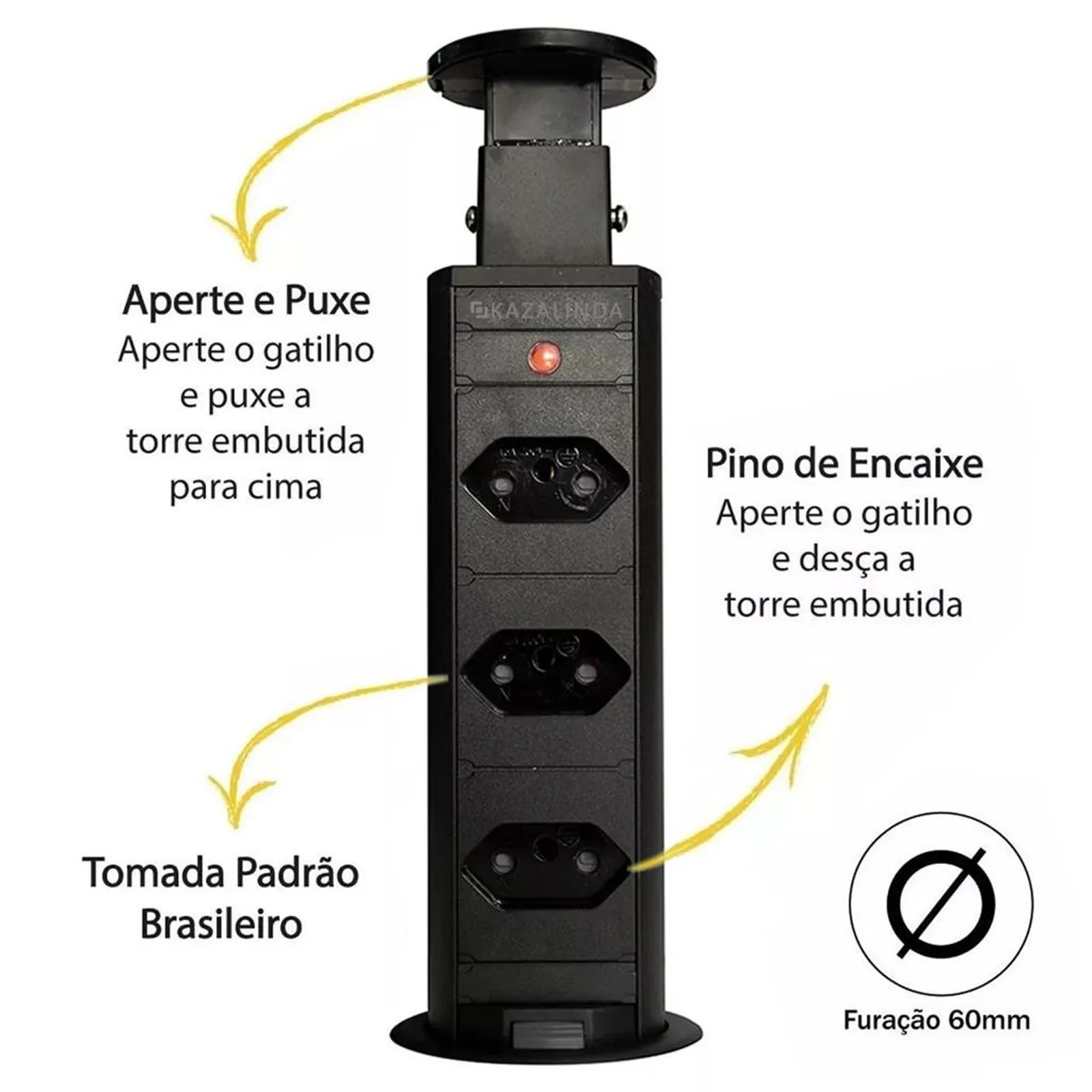 Torre de Tomada Retrátil Multiplug Embutir Preta 3 Torre de Tomada Retrátil Multiplug Embutir Preta