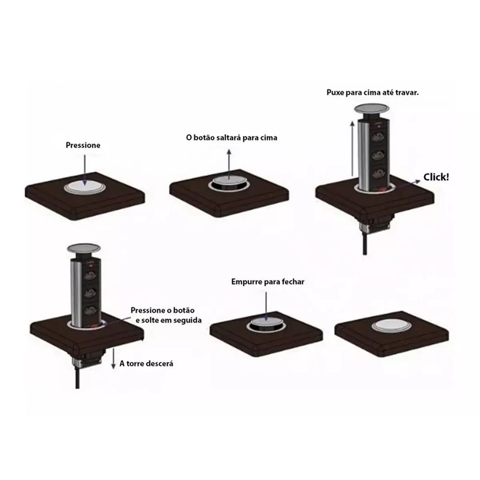 Torre de Tomada Retrátil Multiplug Embutir Preta 5 Torre de Tomada Retrátil Multiplug Embutir Preta