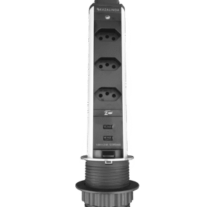 Torre de Tomadas Multiplug Kazalinda com Tampa Inox Escovado, 3 Tomadas e 2 Portas USB para Escritorio e Cozinha