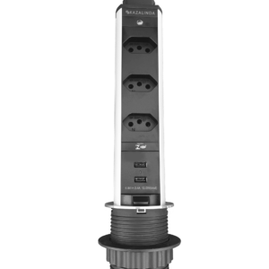 Torre de Tomadas Multiplug Kazalinda com Tampa Inox Escovado, 3 Tomadas e 2 Portas USB para Escritorio e Cozinha
