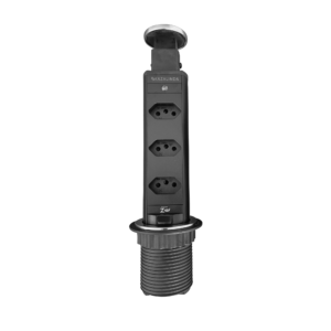 Torre Preta Multiplug Retratil 3 Tomadas com Tampa Inox Escovado Kazalinda para Cozinha e Escritorio