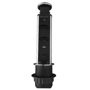 Torre de tomada multiplug Kazalinda com 2 tomadas USB e USB-C em inox escovado