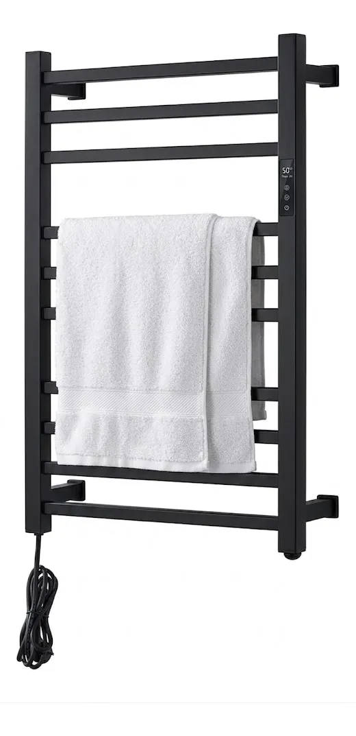 001 Toalheiro Térmico Grande Quadrado Preto Bivolt Timer Direito Kazalinda em aço inox com acabamento preto fosco e timer programável de até 24 horas