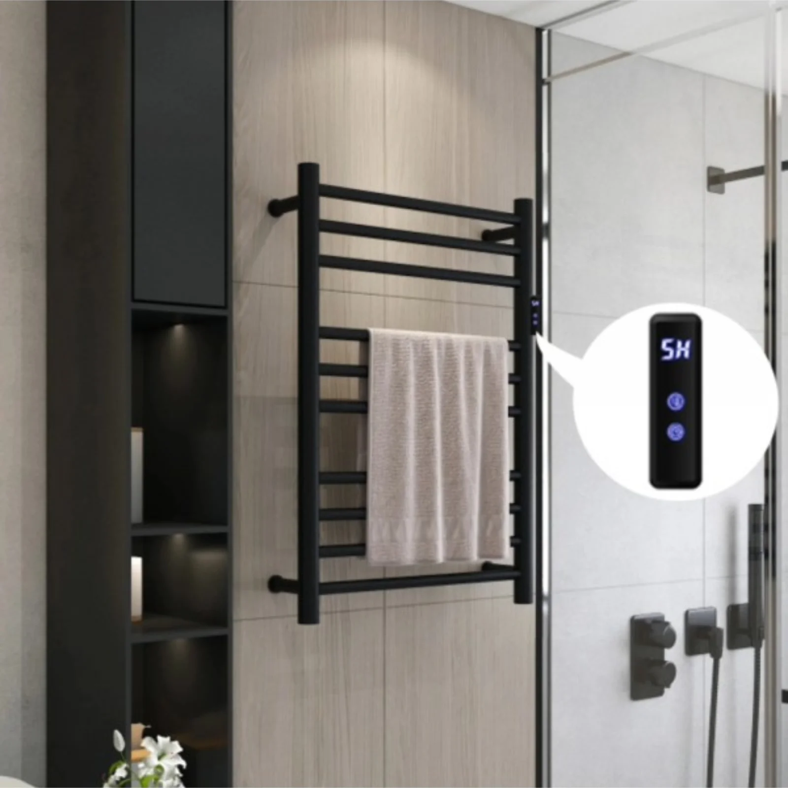 003 Toalheiro Termico Grande Redondo Preto Bivolt Timer Direito Kazalinda em aco inox com acabamento preto fosco e timer programavel de ate 24 horas