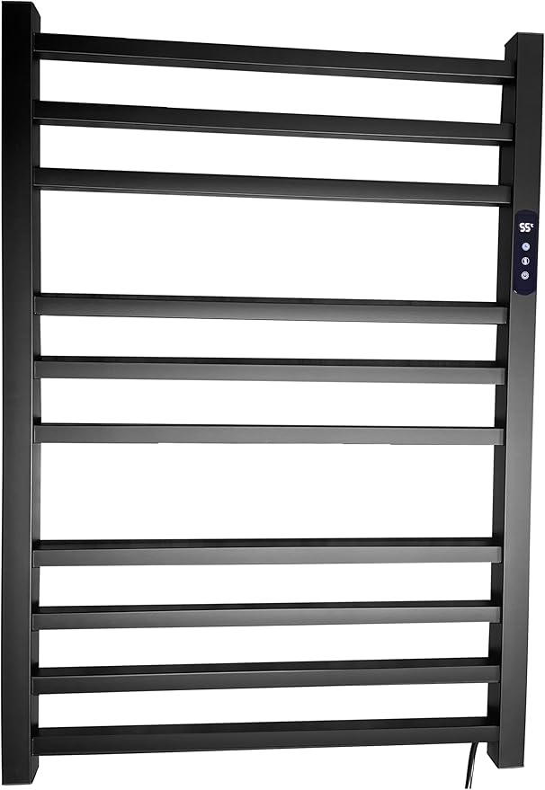 003 Toalheiro Térmico Grande Quadrado Preto Bivolt Timer Direito Kazalinda em aço inox com acabamento preto fosco e timer programável de até 24 horas