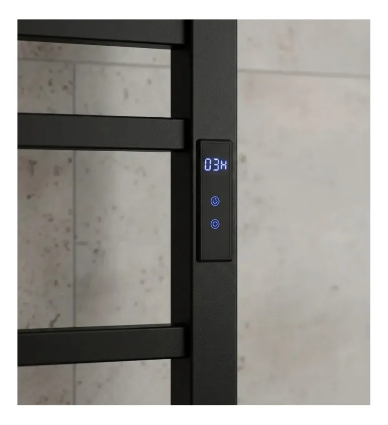 004 Toalheiro Térmico Grande Quadrado Preto Bivolt Timer Direito Kazalinda em aço inox com acabamento preto fosco e timer programável de até 24 horas