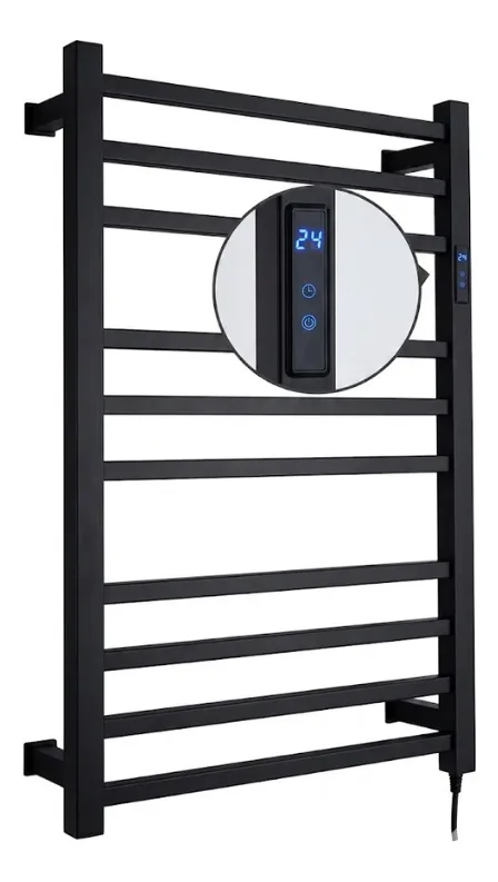 005 Toalheiro Térmico Grande Quadrado Preto Bivolt Timer Direito Kazalinda em aço inox com acabamento preto fosco e timer programável de até 24 horas