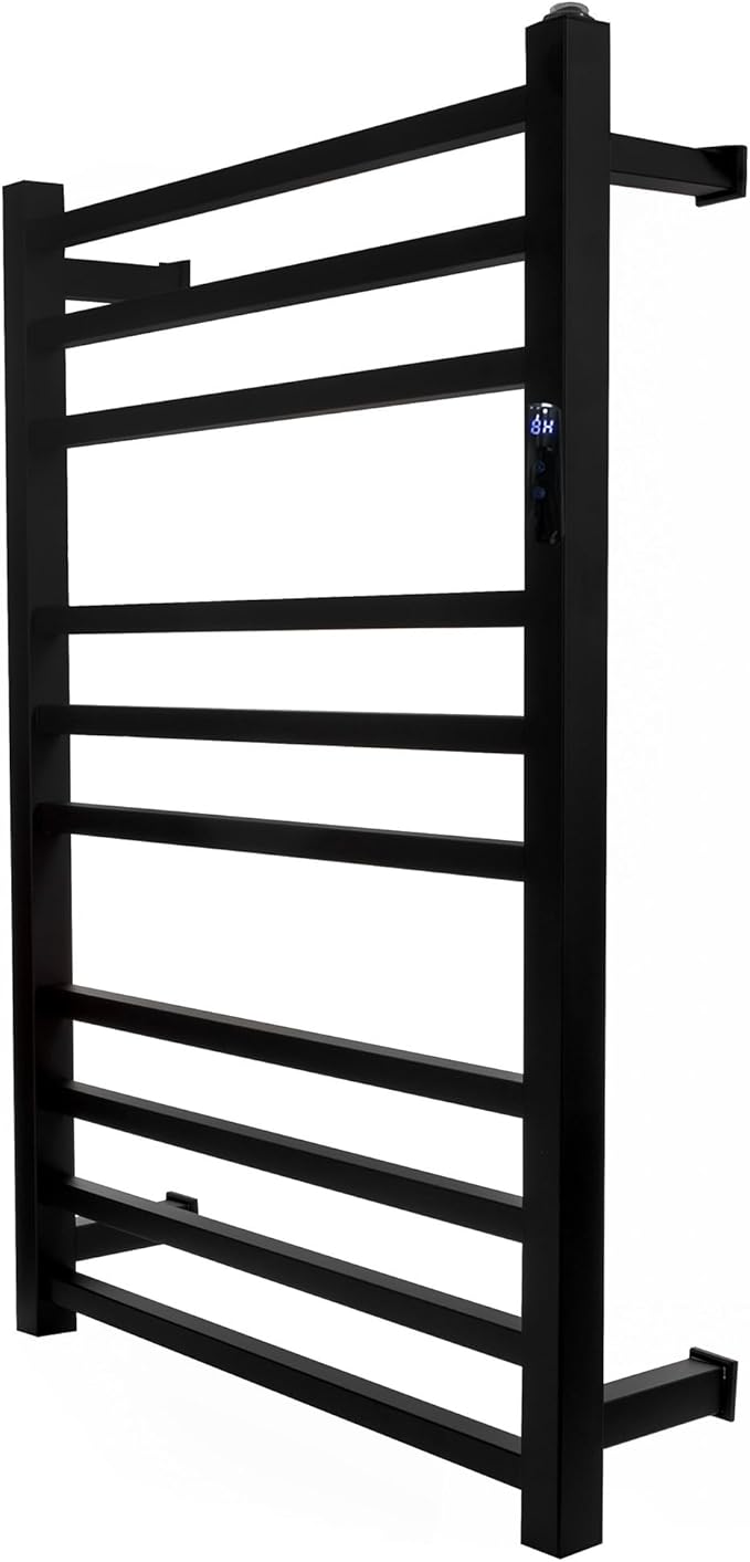 006 Toalheiro Térmico Grande Quadrado Preto Bivolt Timer Direito Kazalinda em aço inox com acabamento preto fosco e timer programável de até 24 horas