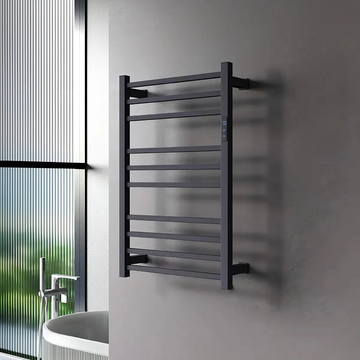 006 Toalheiro Térmico Grande Quadrado Preto Bivolt Timer Direito Kazalinda em aço inox com acabamento preto fosco e timer programável de até 24 horas