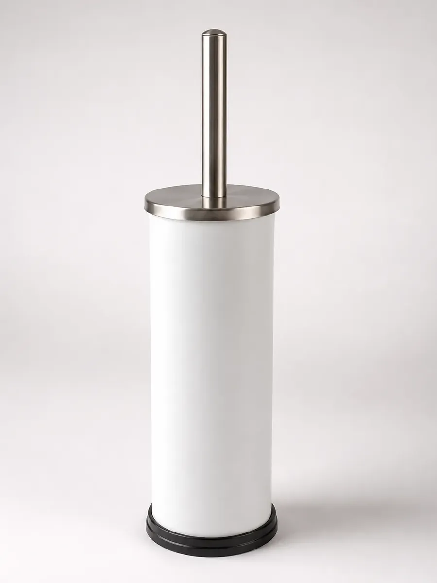 Escova Sanitária Inox Branco Com Suporte Kazalinda 1 Escova sanitaria com suporte em aco inox e pintura branca Kazalinda para banheiro moderno e higienico