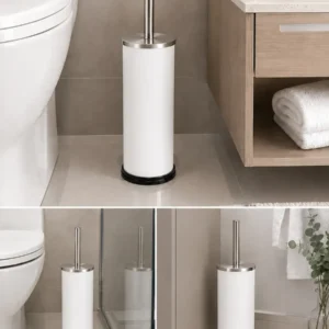 Escova sanitaria com suporte em aco inox e pintura branca Kazalinda para banheiro moderno e higienico