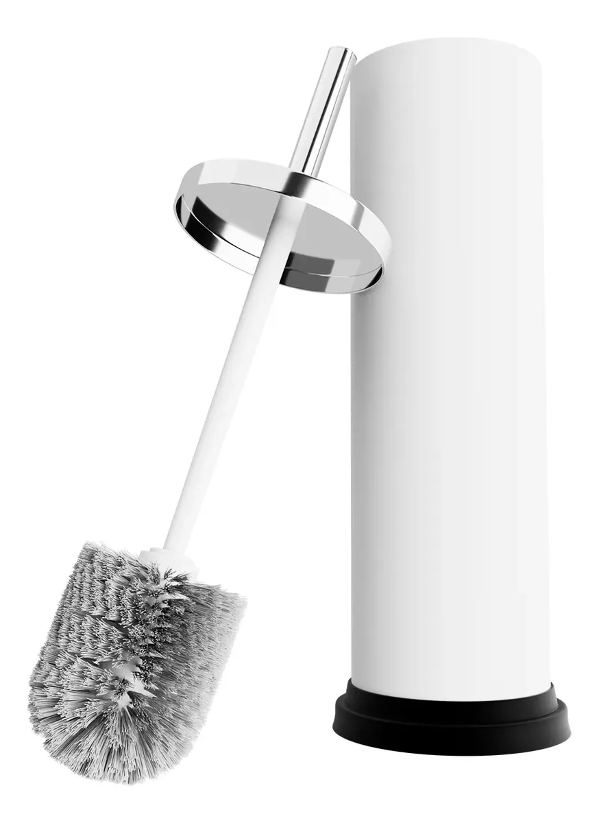 Escova Sanitária Inox Branco Com Suporte Kazalinda 3 Escova sanitaria com suporte em aco inox e pintura branca Kazalinda para banheiro moderno e higienico
